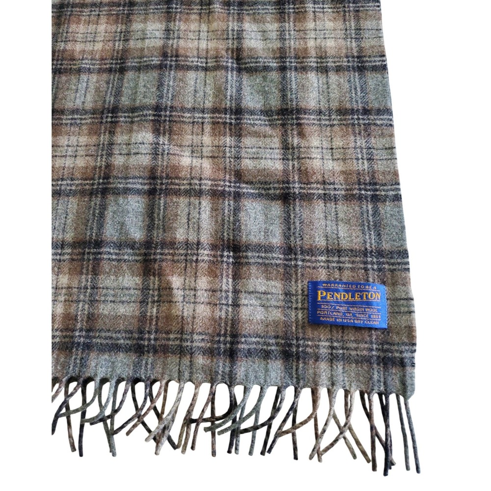VTG Pendleton Wool Scarf Mens Made in USA Grey Brown Plaid Pure Virgin Wool